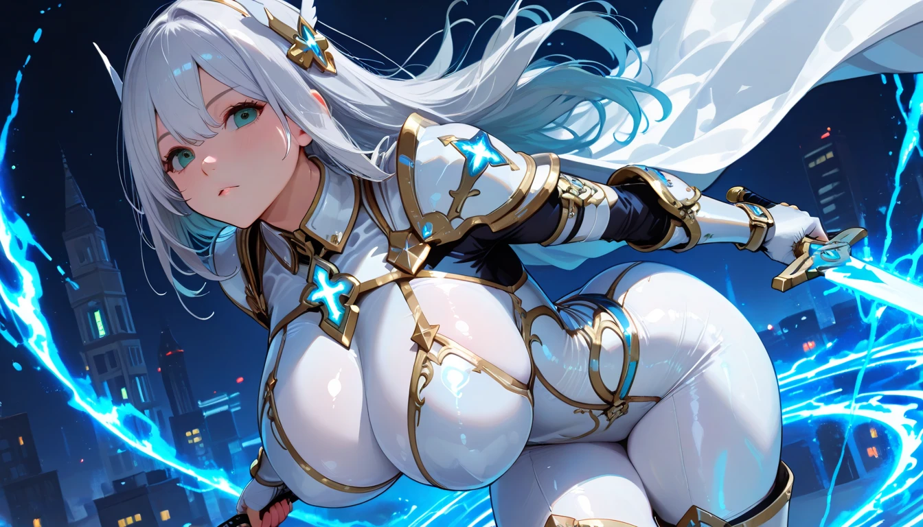 (Numerous award-winning masterpieces, with incredible details), Ultra HD, 8K, ((Extremely beautifull face)), (extremely detailed realistic face features), (beutiful light blue eyes), ((finely detailed true circle Symmetrical light eyes)), (She has a meloncholic face), (A majestic sight), short white hair, anatomic, small wraist with big hips, short hair, big breasts, realistic skin texture, pale skin, (realistic body: 1.8), (1girl standing in), epic mmorpg celestial transparent white outfit, fantasy castle background