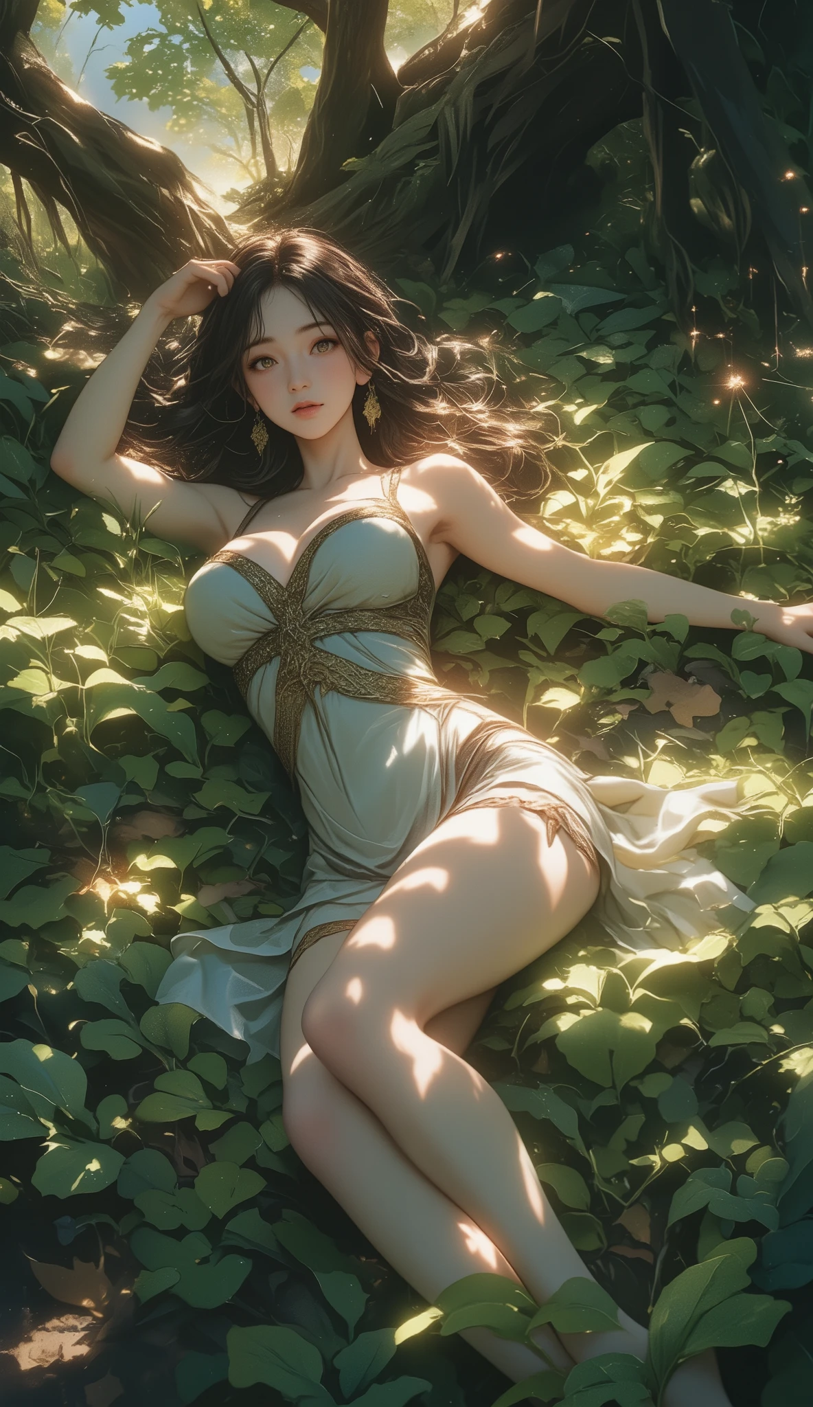 a woman in a white dress laying on the grass, smiley face smile on face, huge breasts, hot body curves, beautiful flowers, buxom, indian super model, photo of slim girl, photo of slim girl, 2 4 year old female model, 1 8, beautiful woman body, beautiful sexy woman photo, provocative indian, bare feet in grass, full entire body fun pose, auroracore, barefeet, stretching her legs on the grass, trending on patreon, on all fours, sexy pudica pose gesture, youtube thumbnail, barefoot in sandals, brunette fairy woman stretching, popular on instagram, in the grass
