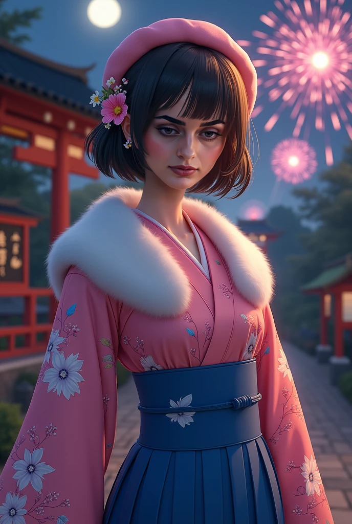 score_9, score_8_up, score_7_up,  1woman, mature, human female, human, detailed face, jawline, smooth skin, beige skin, beautiful eyes, blue eyes, brunette, big breasts, bob cut hair, pink beret, hair flower, fur collar, pink kimono, floral print, obi, blue hakama skirt, outdoors, shrine, night, moon, dark, fireworks,
