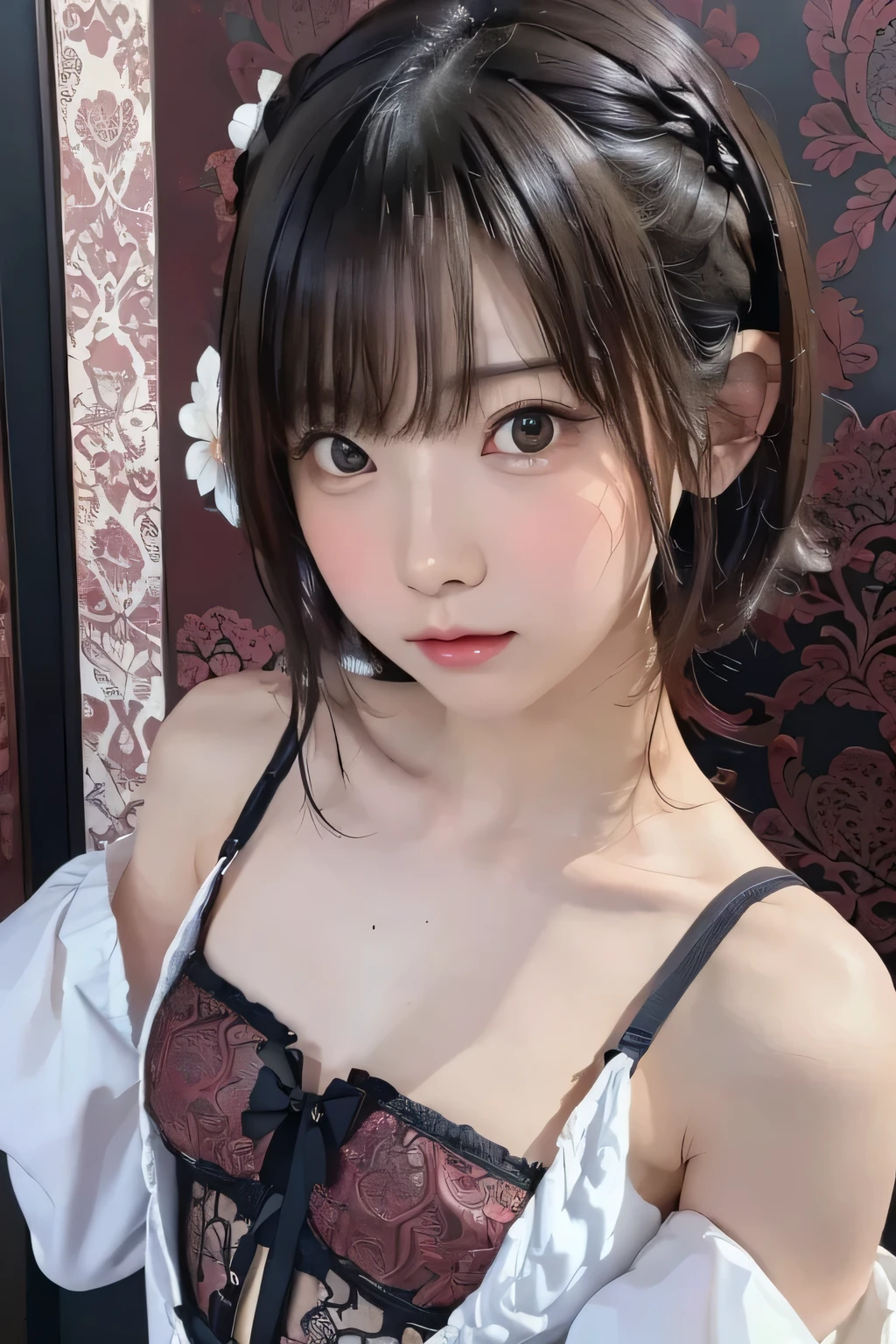 (masterpiece、Best Quality、 super detailed description、Ultra High Definition)、(upper shot)、girl、solo、((small chest))、((Front Close))、cute、black hair、(Pure Eros Face)、(Damask patterns coding screen:1.3)