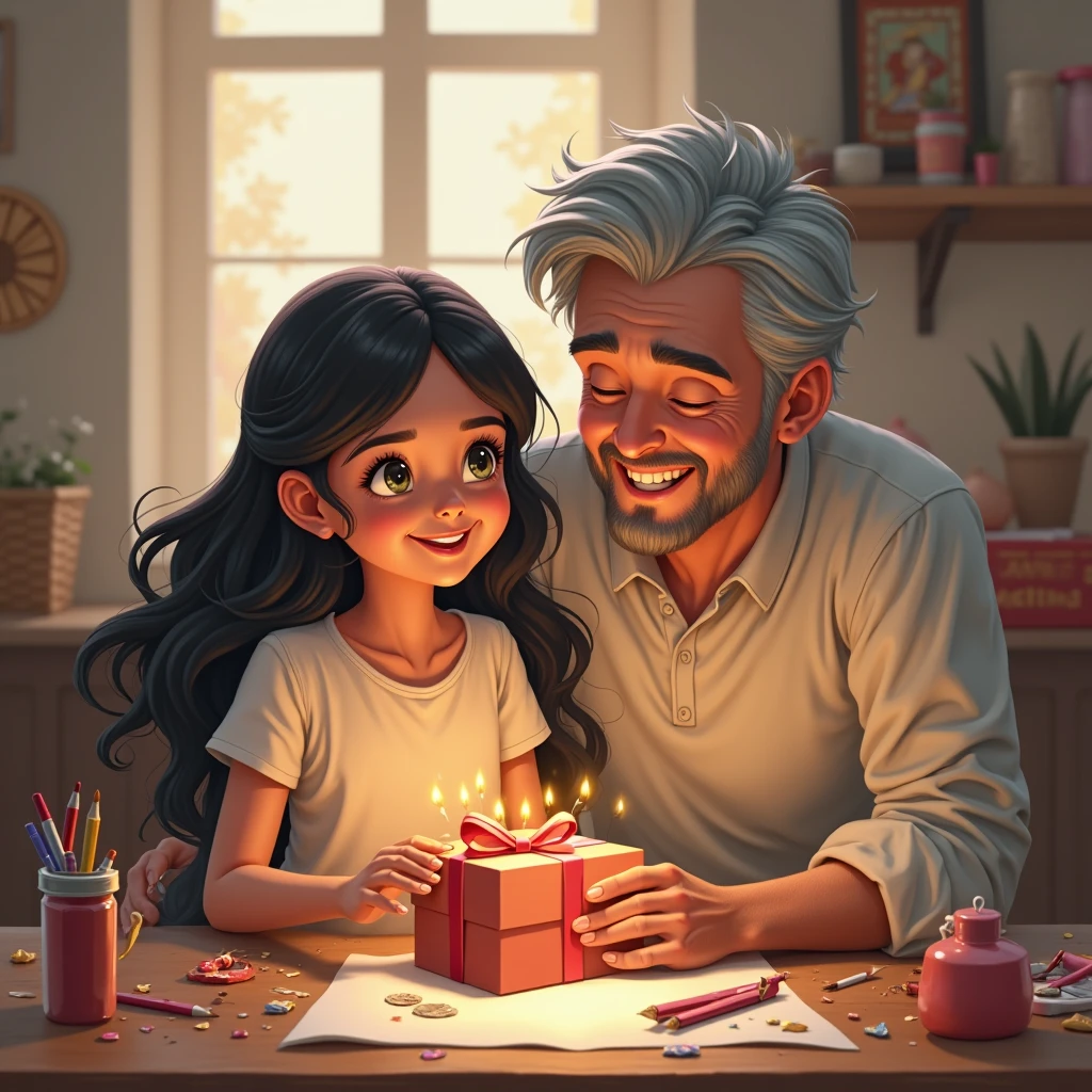 Let the girl have black long wavy hair and happy dad tall gray hair while a father and daughter draw a gift to his daughter