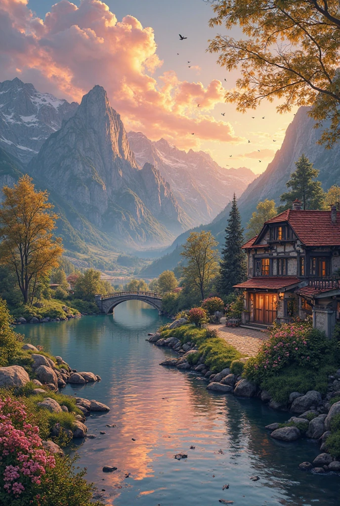 a small village by the river, mountains in the background, floral flowers colorful, detailed landscape, Beautiful natural landscapes, atmospheric lighting, scorching sunset, warm colours, practical, photopractical, Detailed Foliage, complex buildings, cobblestone street, Charming country house, swirly vibrant colors, lush vegetation, Still water reflections, Picturesque, idyllic, work of art, best qualityer, 8k, extremely detaild,anime styling