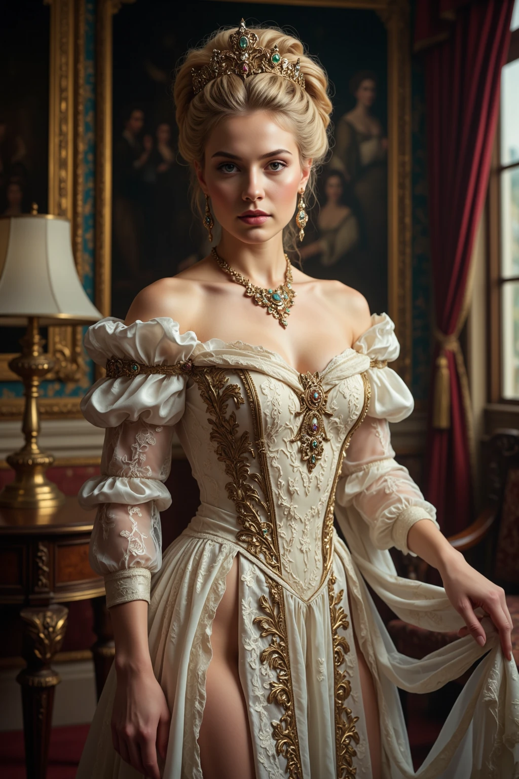 Full-body photo of a young prostitute Marie Antoinette for advertising,