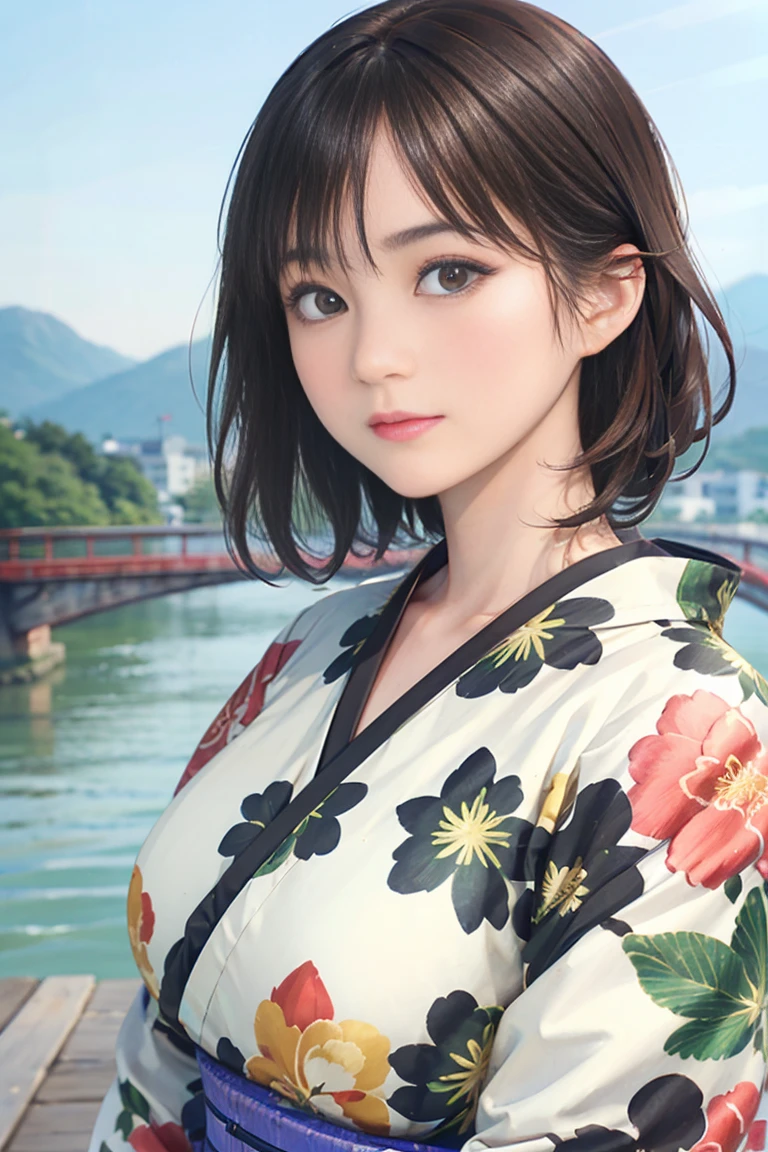 (Highest quality、 8k 、mahakarya、detail)、(whole body)、vibrant colors、Black-brown bob hair、Traditional round conde、big breasts、(very detailed face and eyes、beautiful face、 shoulder detail、 beautiful nose 、Pretty lips)、 (Beautiful woman standing on riverside observation deck)、A friendly gaze、Oh !！the facial expression、(Vibrant floral print kimono)、Seni Resmi、  Background is a wide river、Nearby bridge、Riverside street view、mountains in the distance、CG detail、