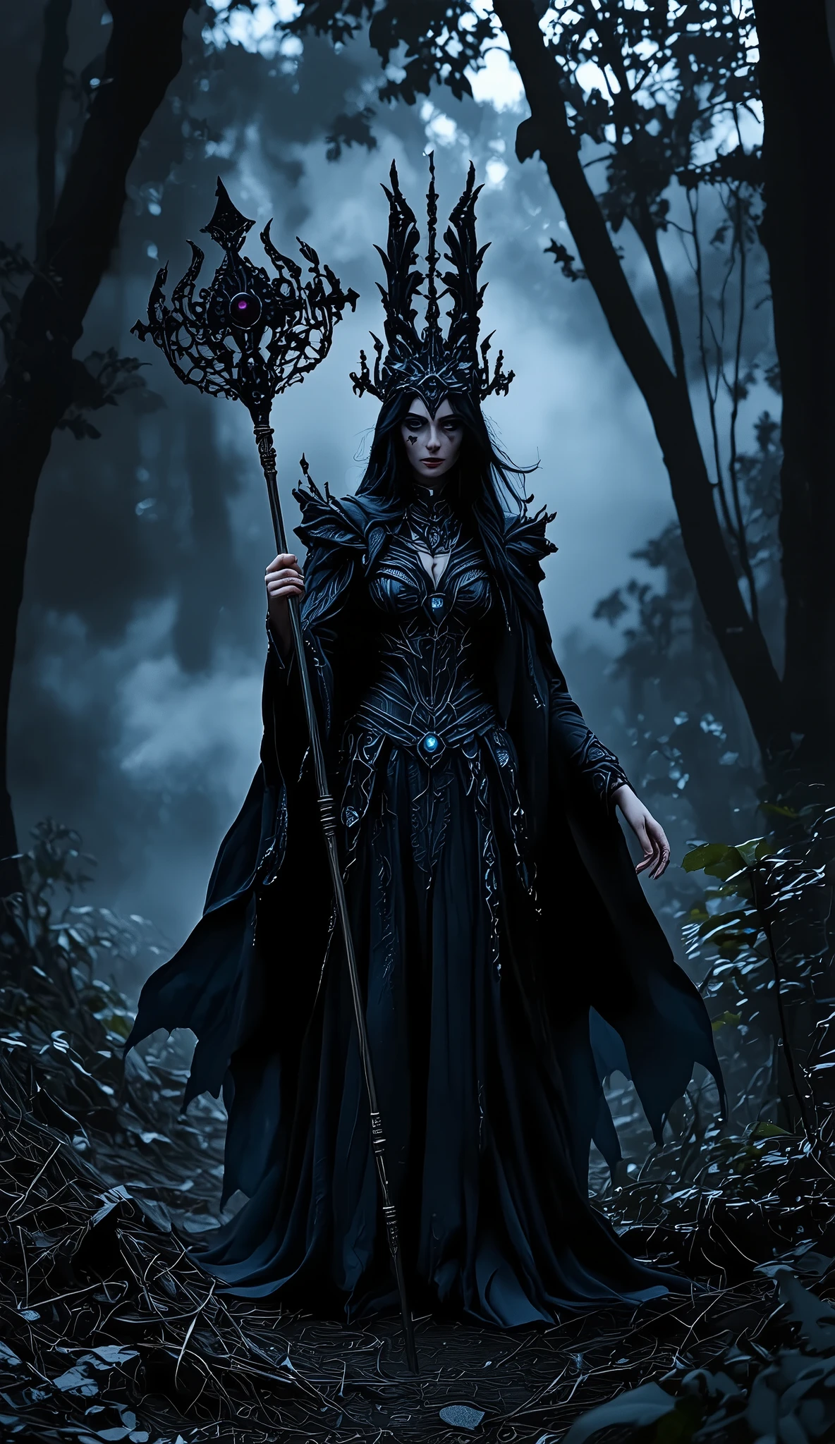 (best quality, 128k,highres,masterpiece:1.2),ultra-detailed,(realistic,photorealistic,photo-realistic:1.37), ((masterpiece)) ((photography)) ((Highest quality)) ultra realistic illustration of a dark fantasy enchantress standing in a cursed forest, her long flowing hair swirling in the wind, glowing violet eyes and intricate arcane tattoos on her pale skin. She wears a dark, tattered cloak with metallic ornaments, holding a staff pulsing with dark magic. Shadows dance around her feet, and ghostly spirits whisper in the fog. The atmosphere is mystical, eerie, and powerful