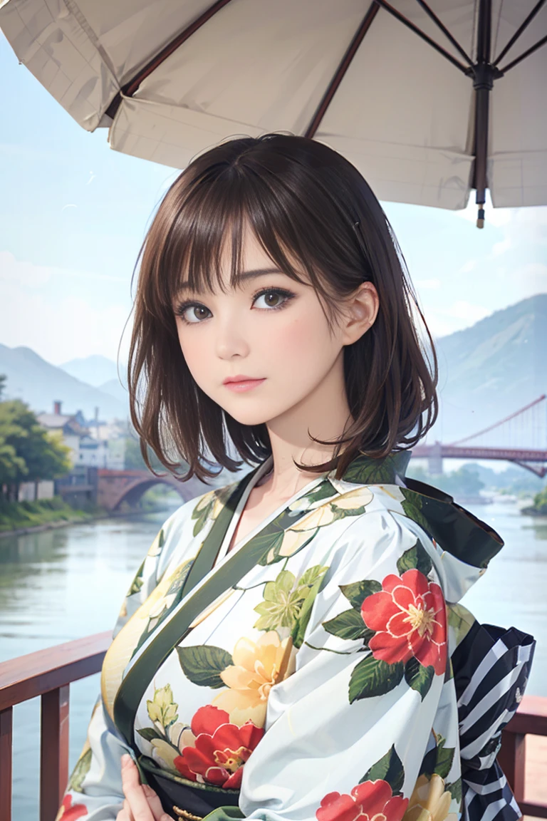 (Highest quality、 8k 、mahakarya、detail)、(whole body)、vibrant colors、Black-brown bob hair、Traditional round conde、big breasts、(very detailed face and eyes、beautiful face、 shoulder detail、 beautiful nose 、Pretty lips)、 (Beautiful woman standing on riverside observation deck)、A friendly gaze、Oh !！the facial expression、(Vibrant floral print kimono)、Seni Resmi、  Background is a wide river、Nearby bridge、Riverside street view、mountains in the distance、CG detail、