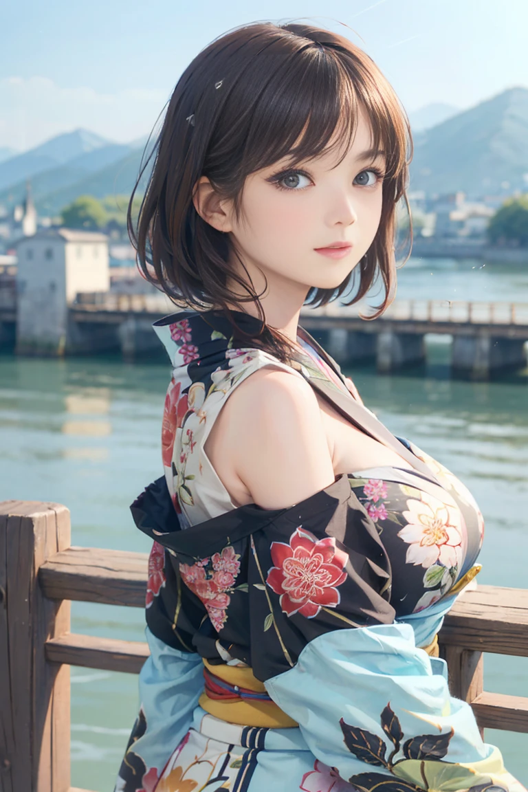 8K quality、top-quality、On a table、super high image quality、ultra - detailed、Ultra-realistic hair textures、vibrant with coloreutiful women、long beautiful hair、shinny hair、Delicate hair、blue mesh、pony tails、eBlue eyes、Skin glows、lace underwear big breasts、Diagram of mole on chest、large pecs、The chest particularly large、Sweaty forehead and cheeks、the butt large、Fluffy off-the-shoulder yukata、A smile、soft pink lips、Surreal sensibility、Reddening cheeks、summer festival background