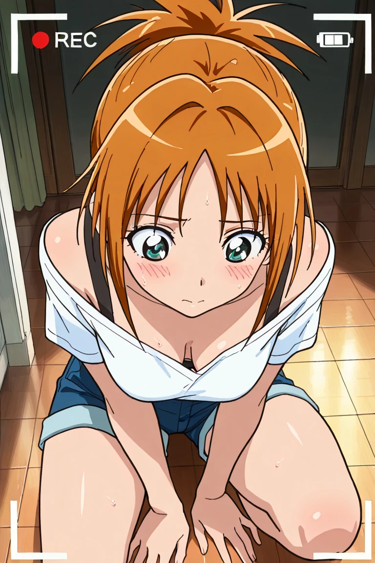 ((最high quality)), 4K,high quality, High resolution, Absurd, Very detailed, Best Anatomy, Detailed eyes, Perfect Eyes, No pants, No pants, No shirt, Twin tails, Brown eyes, White While taking off his shirt, Orange Hair, short Twin tails, Folded sleeves, ((Detailed nipples)) show off nipple bra lift large breasts Beautiful breasts Cleavage Emphasis bottomless Big Ass Butt Emphasis ((pubic hair)) (nsfw) ((1 boy and 1girl are having sex)) Kitchen bird’s eye view (standing doggy) Back-arching (Love juice) Squirting