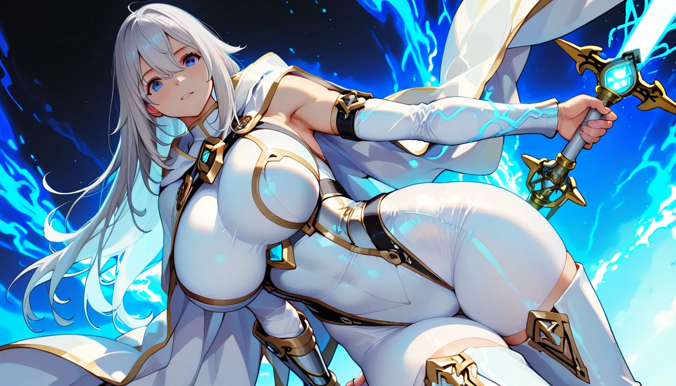 32k, best quality, ultra high res, HDR, UHD, extremely detailed CG, unity 32k wallpaper, (masterpiece, highest quality:1.2), 1 Girl, , alone,Are standing_Split,  Long Hair, White Hair, White bodysuit, Proud look, 
