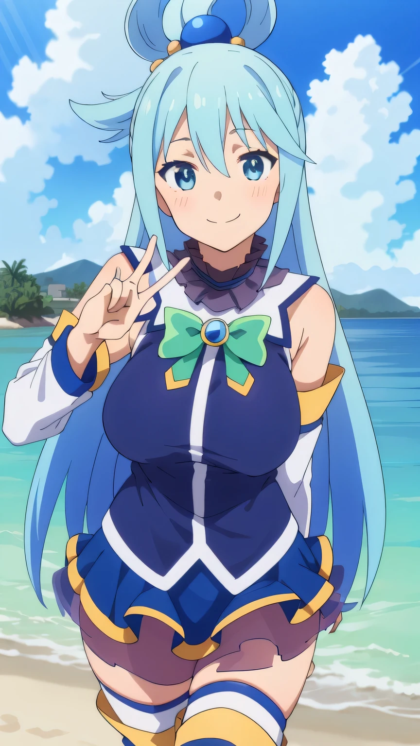 {{{masterpiece}}}, (best quality:1.5), (ultra-detailed:1.5), {illustration}, {{an extremely delicate and beautiful}}, (beautiful detailed eyes:1.6), absurdres, highres, extremely detailed face, 16k, hd, visual anime de uma jovem mulher, extremamente bonito rosto de anime, anime melhor garota, (perfect hands, perfect anatomy), anime face, aqua (konosuba), 1girl, cute face, long hair, blue eyes, hair ornament, very long hair, blue hair, half up, bangs, sidelocks, hair rings, hair bobbles, large breasts, big hips, curvaceous, BREAK, blue vest, shirt tuck out, white collar, green bow, bare shoulders, detached sleeves, white sleeves, (blue skirt:1.2), mini skirt, thighhighs, (blue long boots:1.5), thighs, zettai ryouiki, BREAK, happy, (making a V sign:1.5), looking at viewer, flushed cheeks, outdoor, midair, sea, nicebeach, daytime, cowboy shot