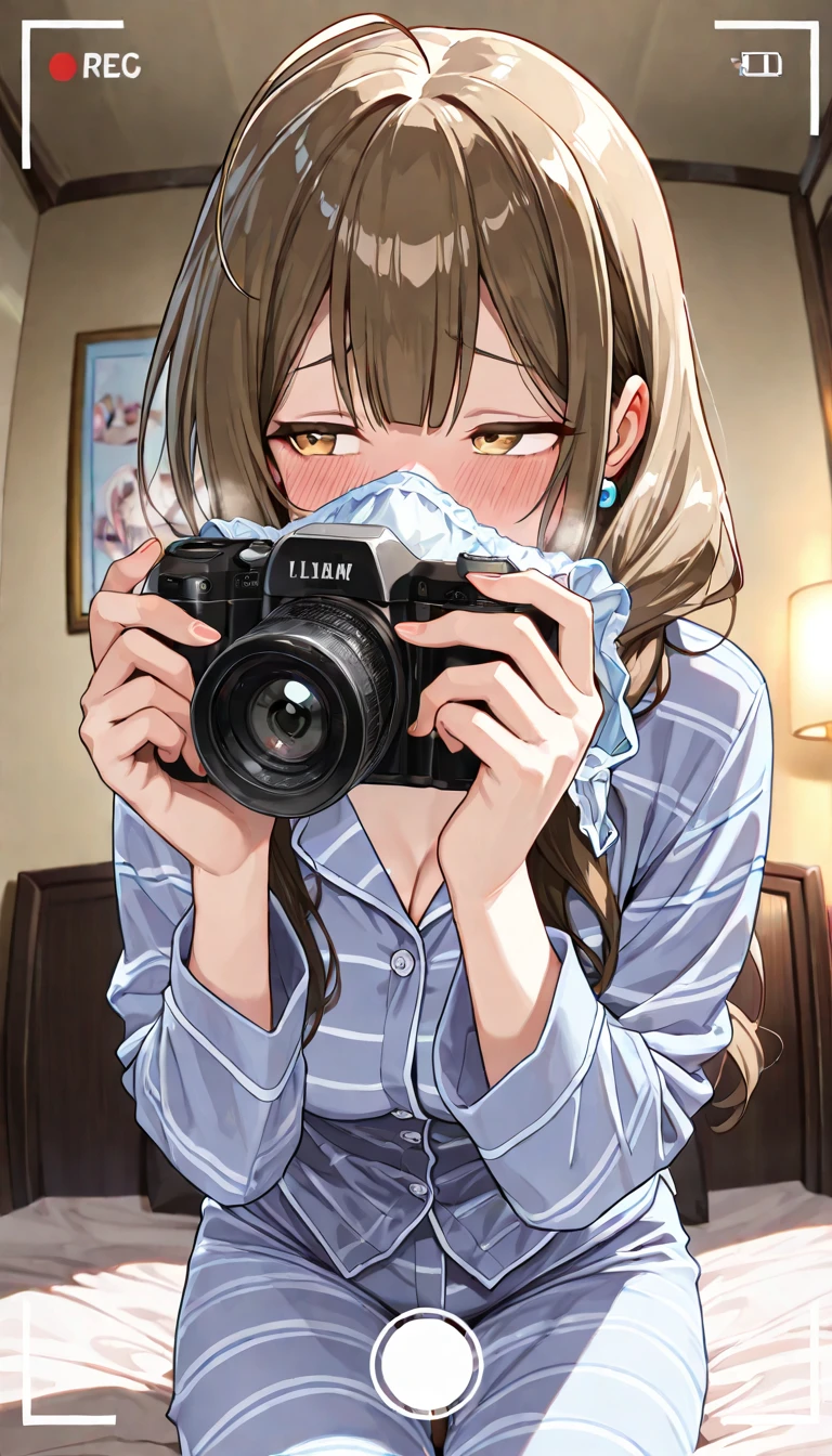 ((masterpiece)), (Highest quality), Long black hair, comftable black sweater, fluffy sweater, The G cup bust, black facemask in face, huging camera, staring at camera, 24 years old, sweater over her hands, soft breast, breast big enough to rest on