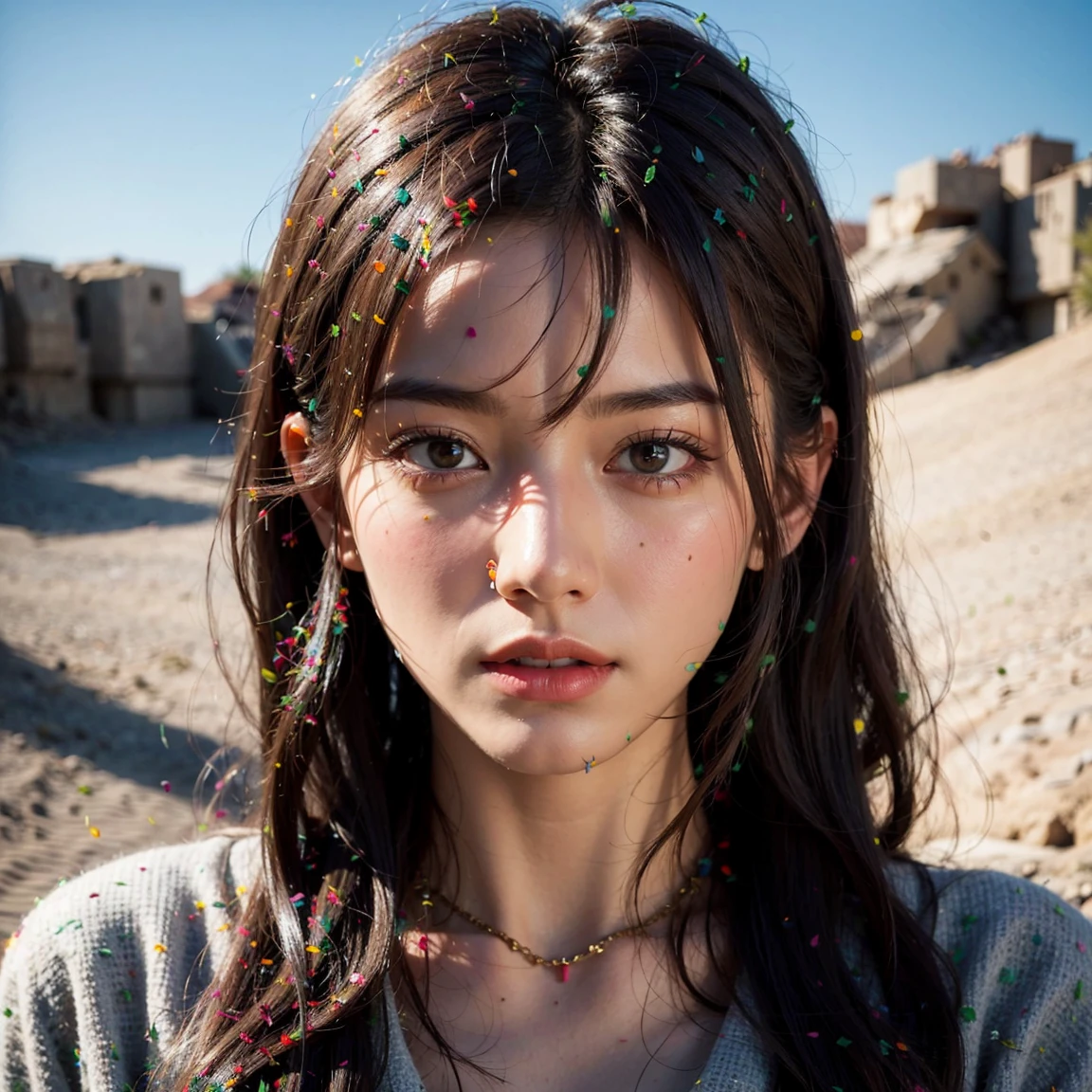 She is looking straight ahead and tears are crying on her face realista
