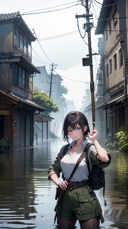 masterpiece, Best Quality, high res, Detailed figure and hands, Detailed weapon and expression, Apocalyptic  , Scenery of a flooded ground , Scarce trees , Tons of old buildings, (Lush plants growing on the road), (Abandoned cars and fallen signs), (Woman wearing old combat uniform-style clothing with a focus on straps, Wearing a backpack), (Woman with a tied head,  strong expression), (Woman pointing a gun at the back of a man's head), (Man standing defenseless), tense atmosphere, Soft but dreary lighting at dusk, Cinematic wide-angle composition

