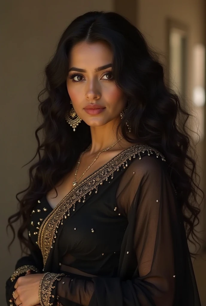 A portrait of an  Indian woman gazes alluringly at the camera, showcasing her long, medium boobs, hot body ,silky black curly hair and enchanting dark  brown eyes, wearing an   blakish saree and standing in a night function , wearing silver and blue mixture earings,full body shot, 8k HDR, high detailed, with a soft smile that radiates confidence, set against a bustling mall backdrop with luxury boutiques in view, capturing her vibrant spirit and traditional beauty realistic image.