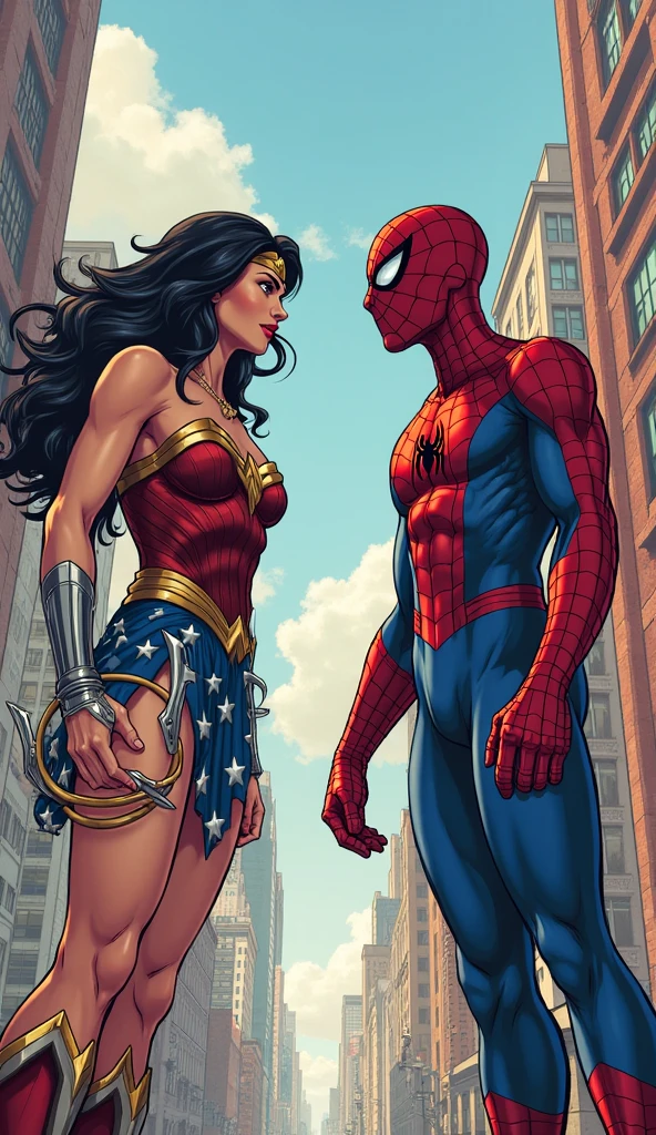 Wonder woman having fun with Spiderman "A 16K resolution image with ultra-high picture quality, ensuring sharp, crisp details and textures throughout. The image should have exceptional clarity, with vibrant, true-to-life colors and a high dynamic range. Lighting should be natural, enhancing depth and detail, with no noise or blurriness, even in the darkest areas.".