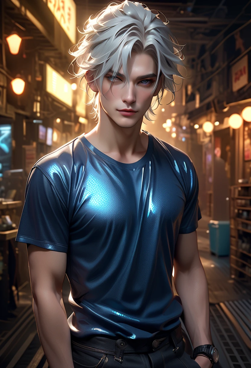 the hologram of a futuristic male wingwoman, about 25 years old , medium silvery-white hair,  at shoulder height, olhos azuis. usando uma roupa azul glowing, with a serene but mischievous and  look, all against a backdrop of weathered metallic surfaces and ambient cyberpunk lighting, bokeh suave, (best quality,4k,8k,highres,masterpiece:1.2),ultra-detailed,(realistic,photorealistic,photo-realistic:1.37),intricate details,cinematic lighting,dramatic atmosphere,vibrant colors,fantasy,concept art