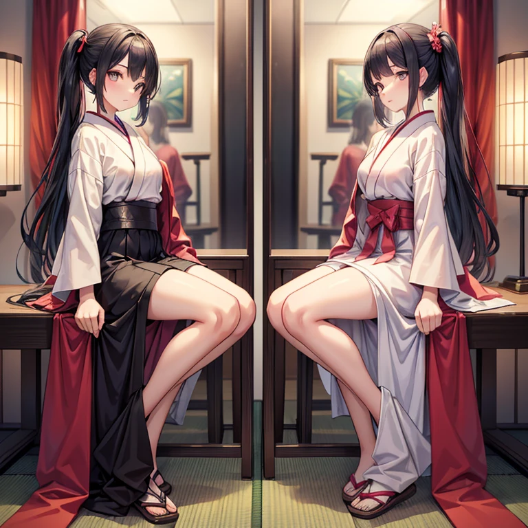 50 years old,woman,miko,Yandere,japanes miko,black hair,long hair,blue inner hair,contrappost,red eyes,making a heart with hands,milf,mom,older sister,elder sister,yandere,shrine maiden,hairs between eyes,