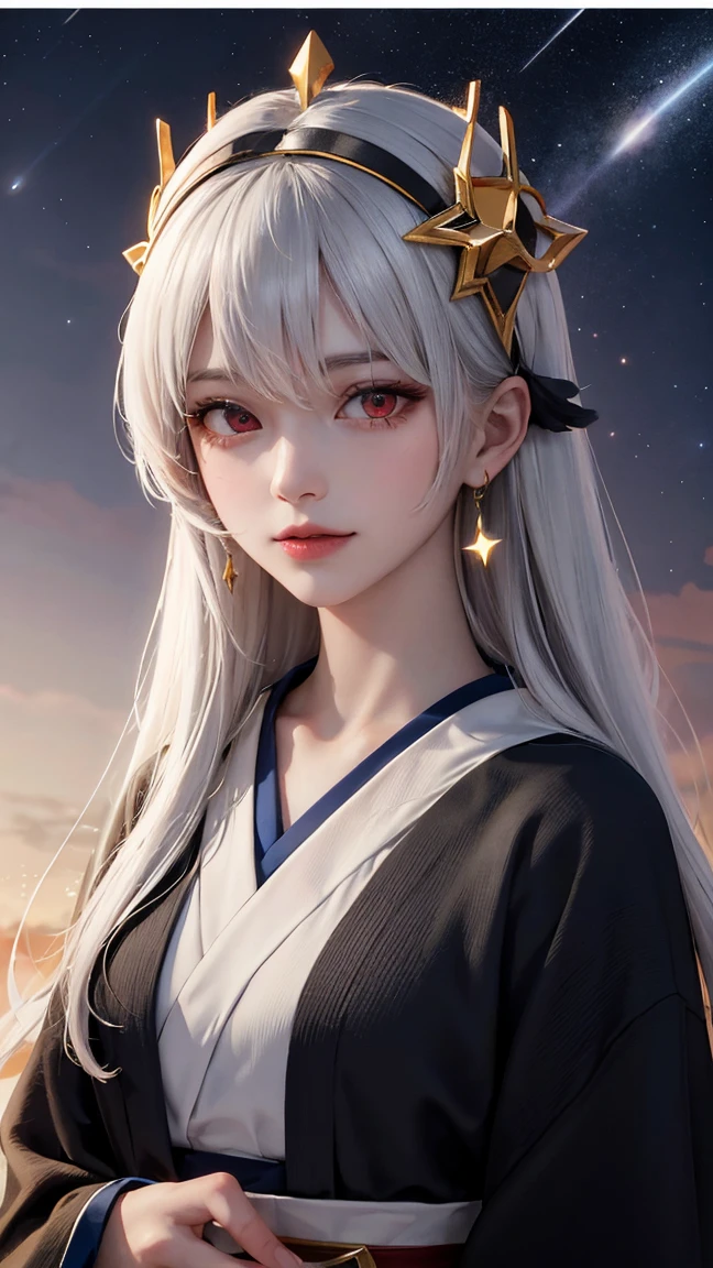 masterpiece，top quality，8k，detailed skin texture flipping through ，detailed cloth texture，beautiful and detailed faces，intricate details，super detailed，Portrait of Rei Ayanami， Silver Hair， red eyes， black headgear on the head,Shining Skin Hair Ornaments, gold hair ornament , red eyes、Blue starry background,Shooting star in the sky,Front of face,Wizard's Robe,One person, shrine maiden clothes,black robe、 Pixie、Black headband、 Red、Front of body、Front of face、 long hair 