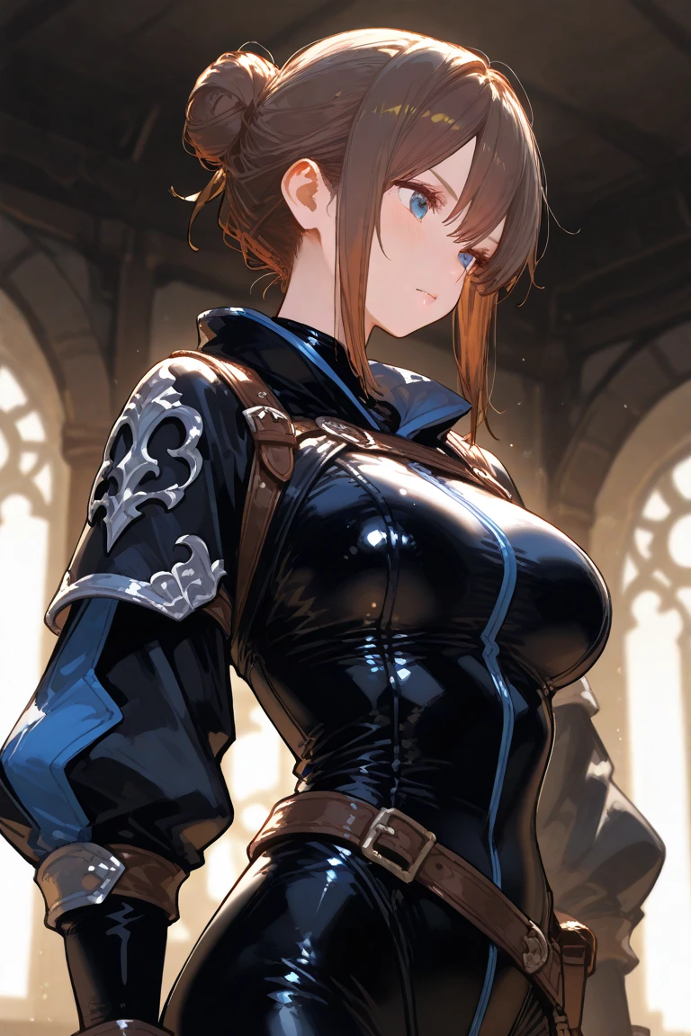 masterpiece, best quality, a mature woman, dark brown hair, light eyes, ladina, black clothing, black hood, leather armbands, belt, skirt, thigh-high height boots, costume, medieval, night, dynamic pose, beautiful detailed glow.
