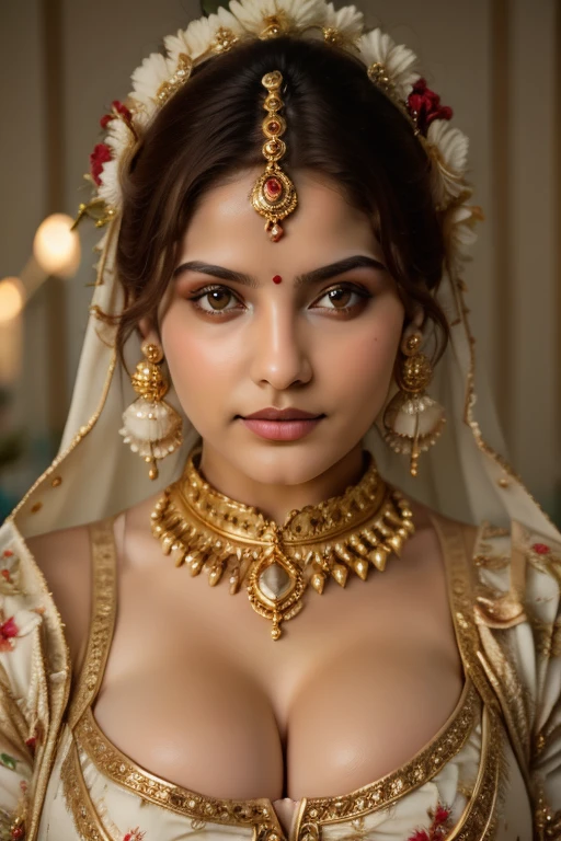 v cut cleavage, gold ornaments, gold necklace, hair ornaments, indian women, realistic, gold earrings, veil, garland of flowers in hair, beautiful eyes, gorgeous sexy women, anupama 