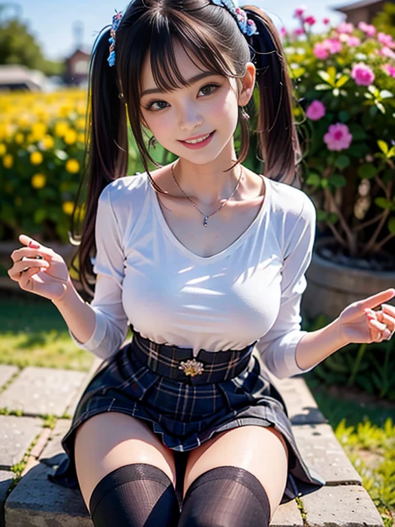 (Highest quality,masterpiece:1.3,Ultra-high resolution),(Very detailedな、Caustics) (Realistic:1.4, RAW shooting、)Ultra-Realistic Capture、Very detailed、Natural skin texture、masterpiece、(Sequin tank top and short denim pants:1.3)、1 Japanese girl、Adorable expression、Expressions of happiness、14 years old、Young Face、Surprisingly cute、Twin tails、Curly Hair、Black Hair、Scrunchie、Earrings、necklace、light makeup、The Great Depression is about to burst、This photo was taken on a crowded street at night...、Shining thighs、Sit on a bench on the sidewalk、Shooting from the side、smile、An inviting gaze、(Topless:1.5)、Detailed fingers、