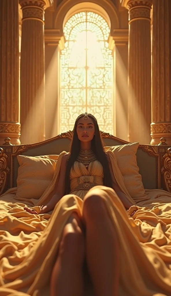 Naked Golden Queen, beautiful breasts, Golden body, Golden areola, visible Vagina, no clothes, no panty, legs, sitting on the royal Golden throne in interior hall of an enchanting ancient Indian royal palace, adorned in an exquisite Golden jewellery Walls decorated with by a Royal Interior relief sculptures of Kamasutra, emitting an alluring and magical aura, high quality, high detailed face. High detailed face.