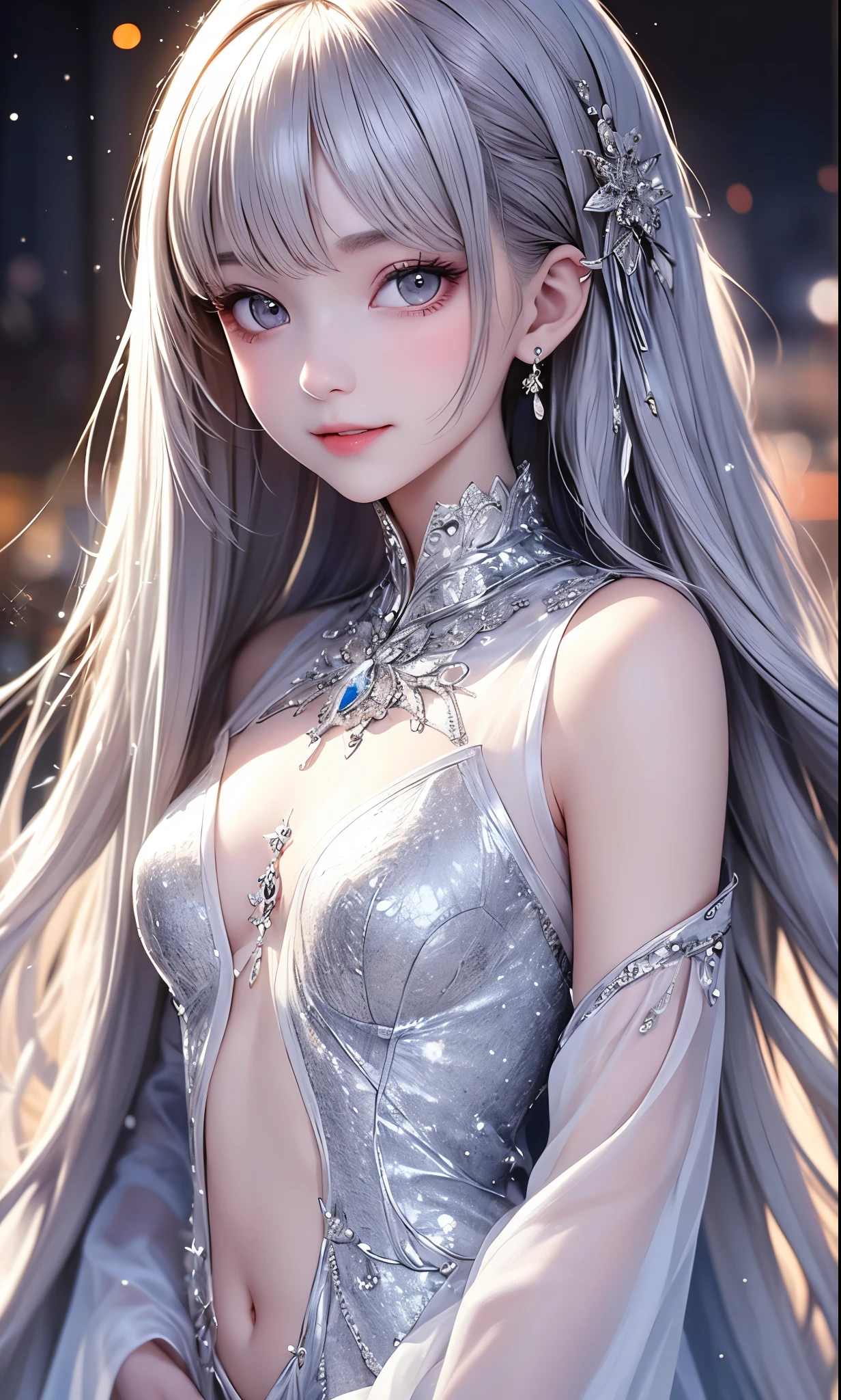 (masterpiece),(4K),High Quality,(small breasts),1 girl、 woman, Long Silver Hair ,pale skin,smile, beautifully detailed grey eyes, ( high-definition and elegant ),( white cape let fashion), magical colors and vibes, detailed skin from sleeve to chest,(Cute sparkle), light particles, The background is softly blurry ,Add a dramatic and iconic element to your scene, description boundary ahead of the large end, Bokeh, Silky to the touch , see-through silk, soft, lightweight garment、beautiful and neat face、The chest silhouette can be seen through、 hyper details,creates a dreamy and elegant atmosphere