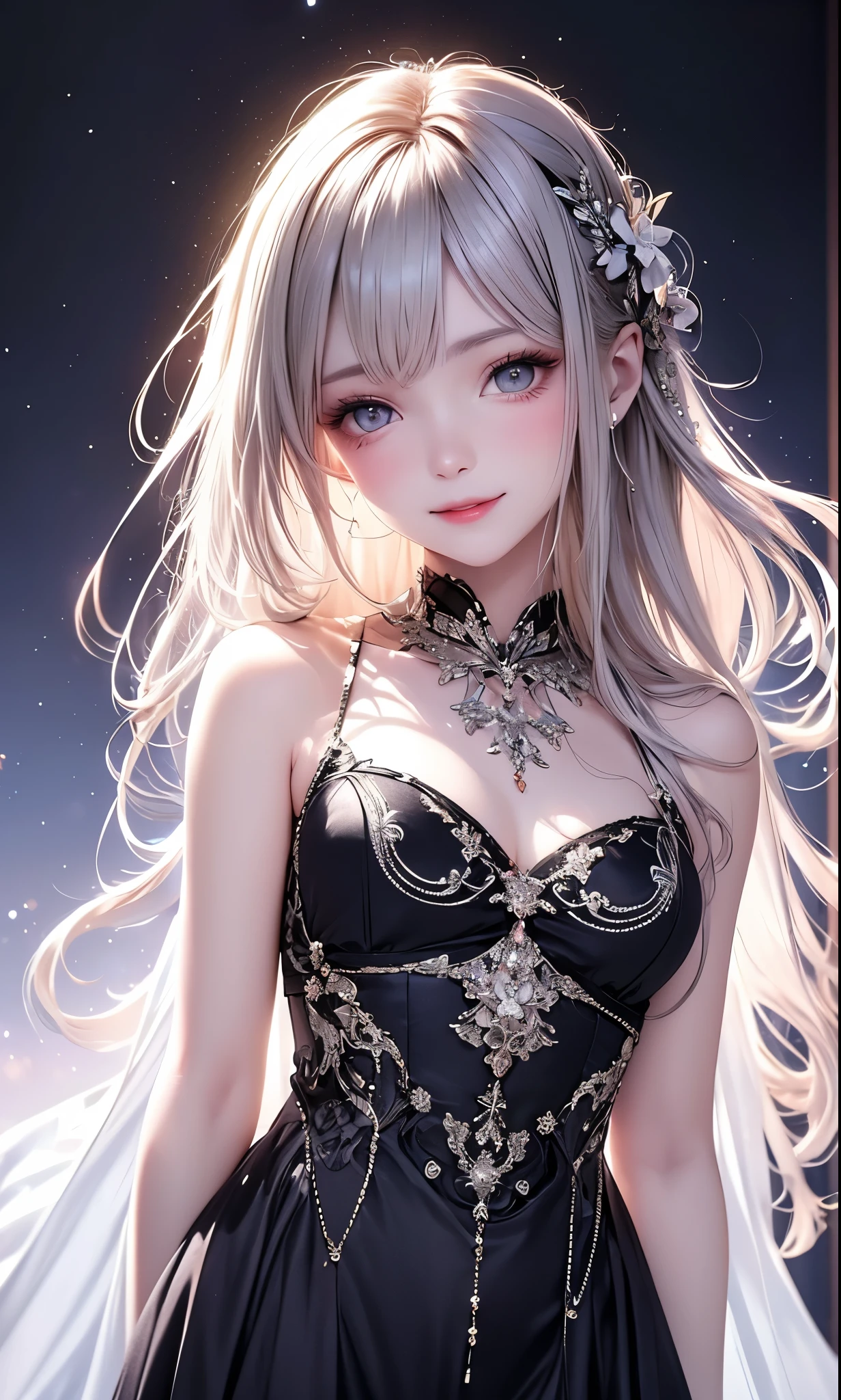(masterpiece),(4K),High Quality,(small breasts),1 girl、 woman, Long Silver Hair ,pale skin,smile, beautifully detailed grey eyes, ( high-definition and elegant ),( white cape let fashion), magical colors and vibes, detailed skin from sleeve to chest,(Cute sparkle), light particles, The background is softly blurry ,Add a dramatic and iconic element to your scene, description boundary ahead of the large end, Bokeh, Silky to the touch , see-through silk, soft, lightweight garment、beautiful and neat face、The chest silhouette can be seen through、 hyper details,creates a dreamy and elegant atmosphere