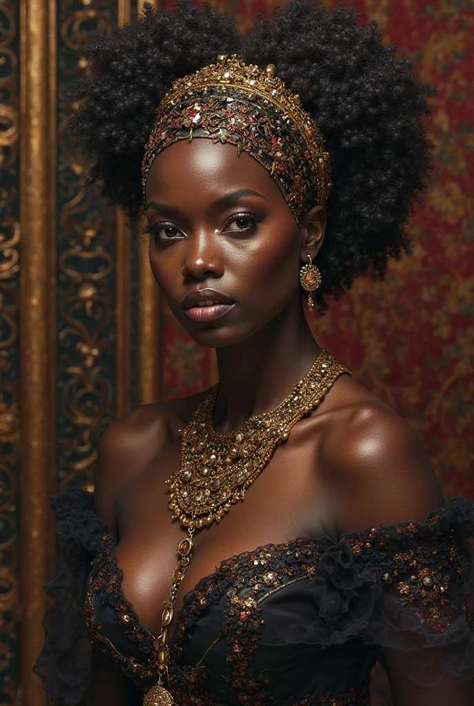 (a frontal view), (camera facing the subject), (((A very beautiful black african queen))), Charmante femme afro-américaine, (((femme noire))), (((cheveux bouclés))), (((peau très foncée))), (((busty femme noires))), (((fille boxum))), (((gros pressés ensemble))), (((Maquillage doré))), on a diamond throne made of diamond, intricate details, dramatic lighting, hyperrealism, photorealistic, cinematic, 8k sharp focus, style expressive, frontal view, camera facing the subject