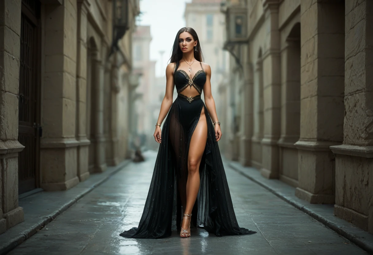 (naked:1.1) instagram model in black with open high heels, open lace luxury dress, in the style of multi-layered textures, leather/hide, ornate details, high-angle, slavic core. Carne Griffiths| Conrad Roset| Anna Dittmann| overcast absurdres, HDRAnna Dittmann, UHD, 8K, 