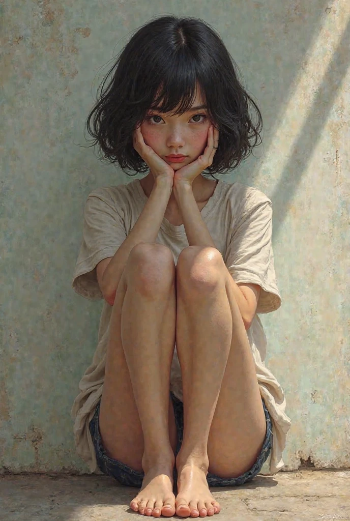 Realistic  girl, sitting on ground, petite body, seriously, short wavy hair, black hair