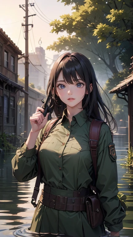 masterpiece, Best Quality, high res, Detailed figure and hands, A woman dressed in an old combat uniform style consisting mainly of detailed weapon, detailed expression, Apocalyptic  , Scenery of a flooded ground , Scarce trees , Tons of old buildings, (Lush plants growing on the road), (Abandoned cars and fallen signs), (straps, Wearing a backpack), (Woman with a tied head,  strong expression), (Woman pointing a gun at the back of a man's head), (Man standing defenseless), tense atmosphere, Soft but dreary lighting at dusk, Cinematic wide-angle composition

