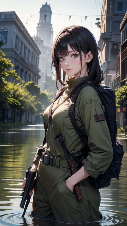 masterpiece, Best Quality, high res, Detailed figure and hands, A woman dressed in an old combat uniform style consisting mainly of detailed weapon, detailed expression, Apocalyptic  , Scenery of a flooded ground , Scarce trees , Tons of old buildings, (Lush plants growing on the road), (Abandoned cars and fallen signs), (straps, Wearing a backpack), (Woman with a tied head,  strong expression), (Woman pointing a gun at the back of a man's head), (Man standing defenseless), tense atmosphere, Soft but dreary lighting at dusk, Cinematic wide-angle composition
