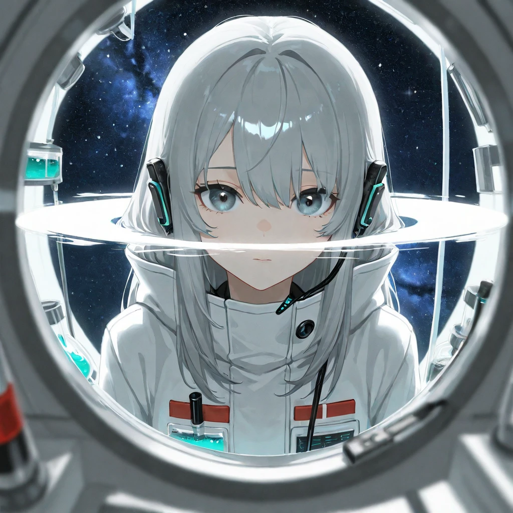 1girl, Solo,  Gray long hair ，Looking at viewer, White hole,starry sky,Blurry, High Resolution, Masterpiece, Best Quality, Detail, earphone，laboratory白大褂，laboratory，