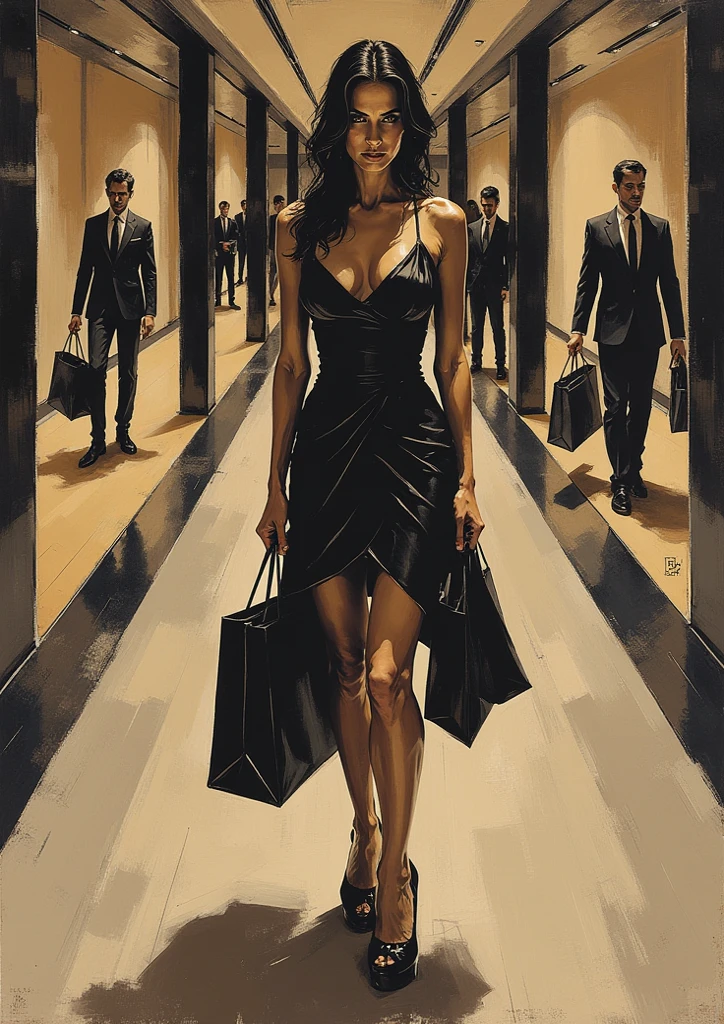 Impresionist primitive Oil painting. A high angle, floor level view of an beautyfull elegant 30 year old european women towering above the viewer, her high heels filling up the foreground. She is looking down at the viewer with an alluring smile, exuding confidence and superiority. She wears a minimalistic yet elegant dress and nylon stockings and platform heels. Indoor setting. She stands with shopping bags. Fisheye lens, dramatic, cinematic, painting, brush marks,  best quality, ultra sharp image, 4k