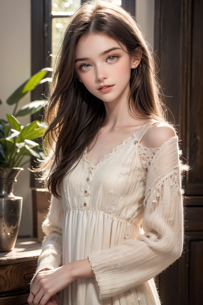 "An 18-year-old Belarusian woman with porcelain-white skin, lustrous straight black hair, captivating hazel eyes, and a harmonious facial structure featuring a high nose bridge. Her gentle smile and friendly demeanor exude warmth and approachability."