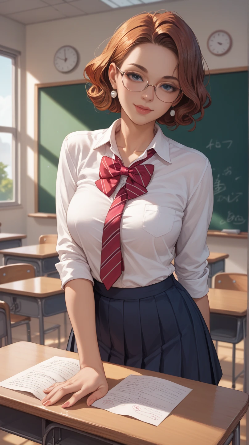 masterpiece, best quality, (photorealistic:1.4), f, classroom, blackboard, a photo of a beautiful woman, full body, sitting on desk, short red hair, no curls, bangs, skinny, tarten , freckles, blue eyes, voluptuous breasts, erect nipples, school badge, tight small short sleeved shirt open, white socks, red lips, underboob, short skirt , nervous facial expression, shirt torn, bra torn, knickers in hand