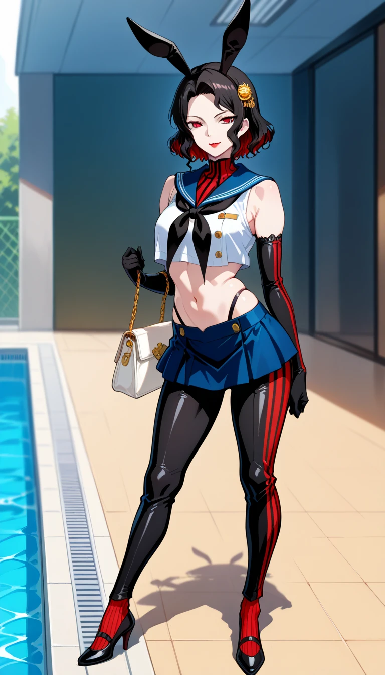 ((masterpiece)),((highest quality)),Accurate服装,((Beauty)),((Realistic painting))(((Red blazer:1.3))),(((Red vest:1.3))),(((Beige leotard:1.3))),((Flat Breasts)),((Thin thighs)), ((Blue High Socks)), ((A short silky bob that falls straight to shoulder length:1.3)), ((short hair towards the back of the head:1.3)),Dissatisfied look,blush with embarrassment, Dark green hair, (Long sleeve white shirt), (Blue tie), Loafer shoes, high school student,expensive,Soft Skin, Nice big dark green eyes (High Detail Eyes). uniform, Teenage Girl, Park with a fountain, Date,( Colorful splashes) ,Colorful Bubbles, Floating water droplets, perspective, Overhead Configuration, Flare, Outstanding Features, Perfect Anatomy Tommy, Centered, Perfect distance, Very detailed, Complex, Accurate, Very detailed rich colors, taming, Rich colors, Accurate, clean, Rich colors, Exquisite details, Golden ratio illustrations
