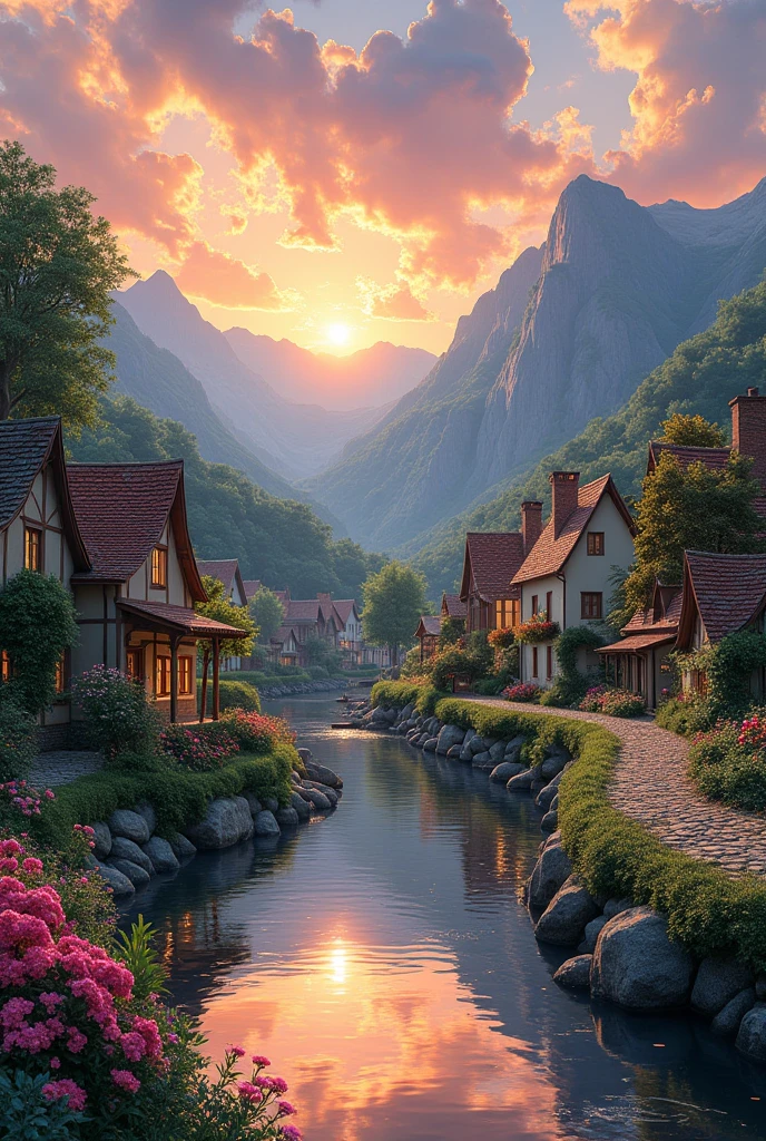 A small village by the river, mountains in the background, colorful flowers, detailed landscape style, beautiful natural scenery, atmospheric lighting,  scorching sunset ,  warm colors, practical, photographic, detailed foliage, complex buildings , cobblestone street, charming country house, vibrant colors, lush vegetation, reflections in the water, pitoresco, idyllic, work of art, Best Quality, 8k, extremely detailed, anime style