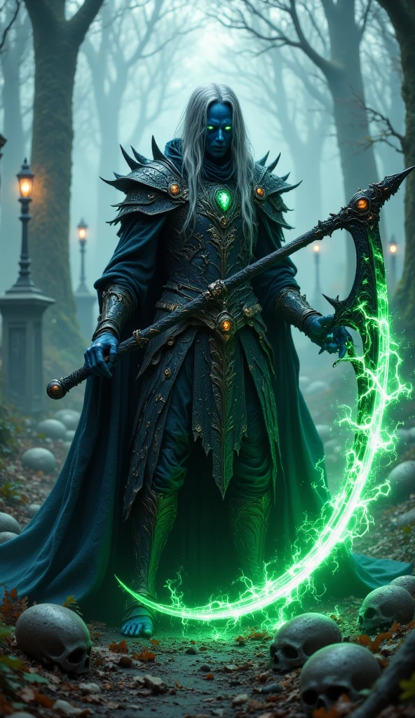 Highly detailed, cinematic, realistic. A D&D style male Vedalken necromancer with smooth, dark blue skin and long white flowing hair stands in a commanding pose, exuding an aura of dark magic. His lean and angular features emphasize his otherworldly nature, with piercing, glowing white eyes radiating arcane energy. He is clad in wickedly designed leather armor, adorned with sharp edges, barbs, and intricate patterns of runic engravings, blending elegance with malevolence. The armor's dark tones are accented with faintly glowing green or purple magical glyphs, signifying his mastery over necromantic forces. Scythe of the Necromancer, a massive and sinister scythe its ornate handle is wrapped in black leather, jagged, curved blade rests against his shoulder. The blade emanates a ghostly green glow, with spectral mist swirling around it, as if the weapon itself is alive with the souls it has claimed. The background is a desolate, fog-covered graveyard, with broken tombstones and skeletal remains scattered across the ground. Dim, ethereal lights flicker in the mist, adding to the haunting atmosphere, while faint whispers of the undead echo in the distance, accentuating the necromancer's dark and powerful presence.