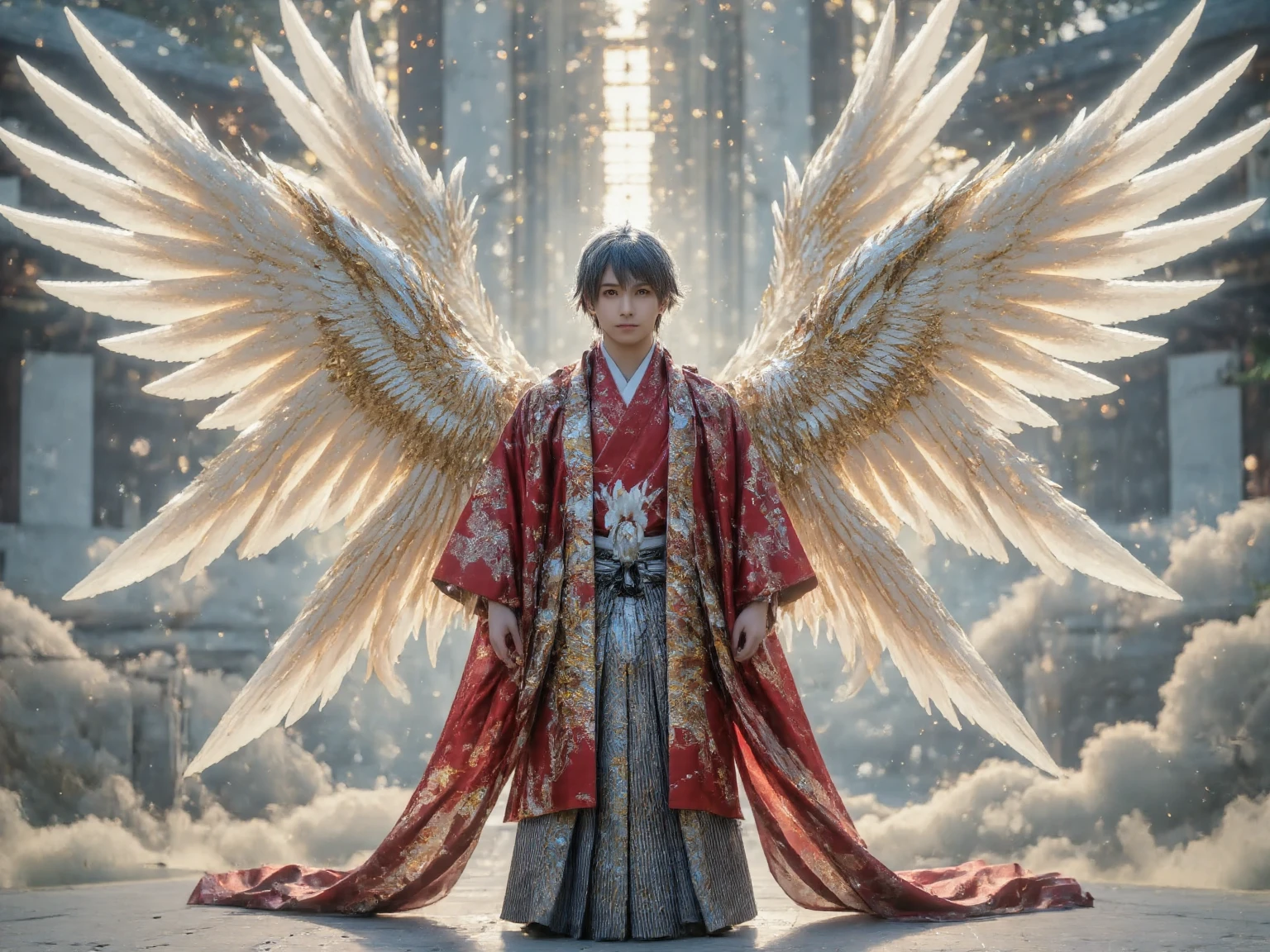 A majestic male archangel clad in an elegant kimono inspired by traditional Japanese design. His kimono features intricate golden embroidery of phoenixes and sakura blossoms, flowing gracefully in the wind. He has six large, radiant wings that shimmer with iridescent light, spreading outward in divine symmetry. The archangel's face is calm and noble, with sharp features and glowing golden eyes. A soft, celestial light surrounds him, giving off a powerful and godlike aura. In one hand, he gently holds an ancient book bound in leather and glowing with holy symbols. The background is a divine sky filled with clouds and light beams, evoking a sense of heavenly presence. Ultra-realistic style, cinematic lighting, 8k resolution, dramatic atmosphere, photorealism, masterpiece.