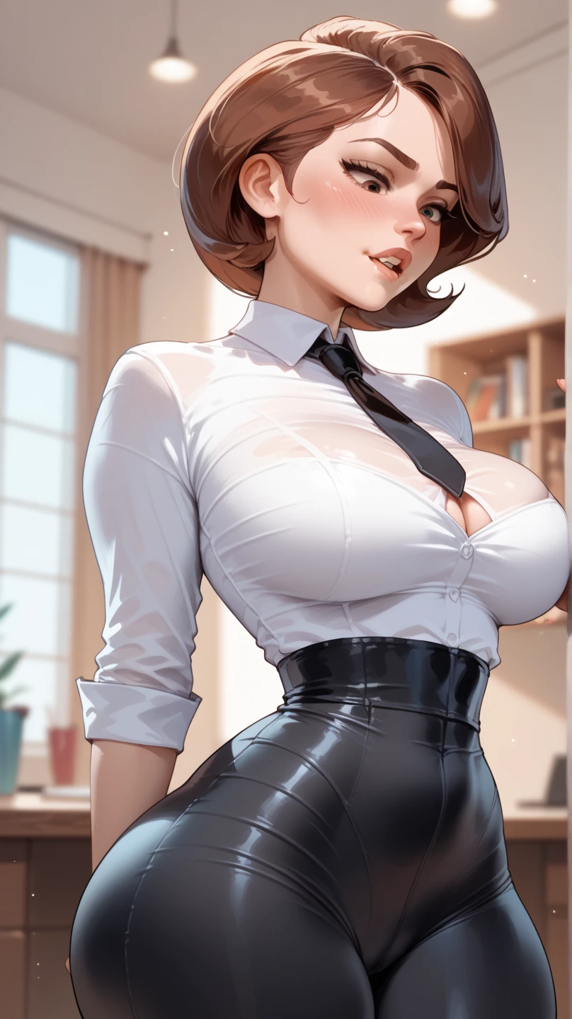 a woman in the office room, a white wall, a grey table, plants, window, sexy poseasterpiece))), ((best quality)), ((intricate detailed)), ((Hyperrealistic)), absurd res, milf, mature woman, perspective, highly detailed, illustration, 1girl, ((big breasts)), perfect hands, detailed fingers, beautiful detailed eyes, short hair, brown eyes, CEO, (business outfit:1.2), open office shirt, tight skirt, black choker, earrings, stockings, detailed background, bedroom, perfect eyes, seductive eyes, looking at the viewer, from below