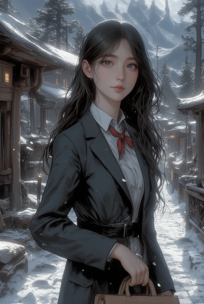 best quality, masterpiece, New Year, (gently smiling:1.5),((18 years old:1.7)), ((dark gray all over the top and bottom、 ready,No sagging、Wrinkle-free 、Neat uniform:1.7)), ((well-balanced body:1.6)), (Japanese-junior-high-school-dark gray all over the top and bottom制服-blazer-uniform:1.5), Small reddish bow tie, with a school bag, ((too much smile)), very cute, face, head and waist fully visible, (soft eyes:1.2) 、 (one innocent and pure junior-high-school-girl:1.5) , (The image shows only the upper body:1.7), shrine background,(only one mount Fuji:1.3), ((winter)),(outdoors:1.5)