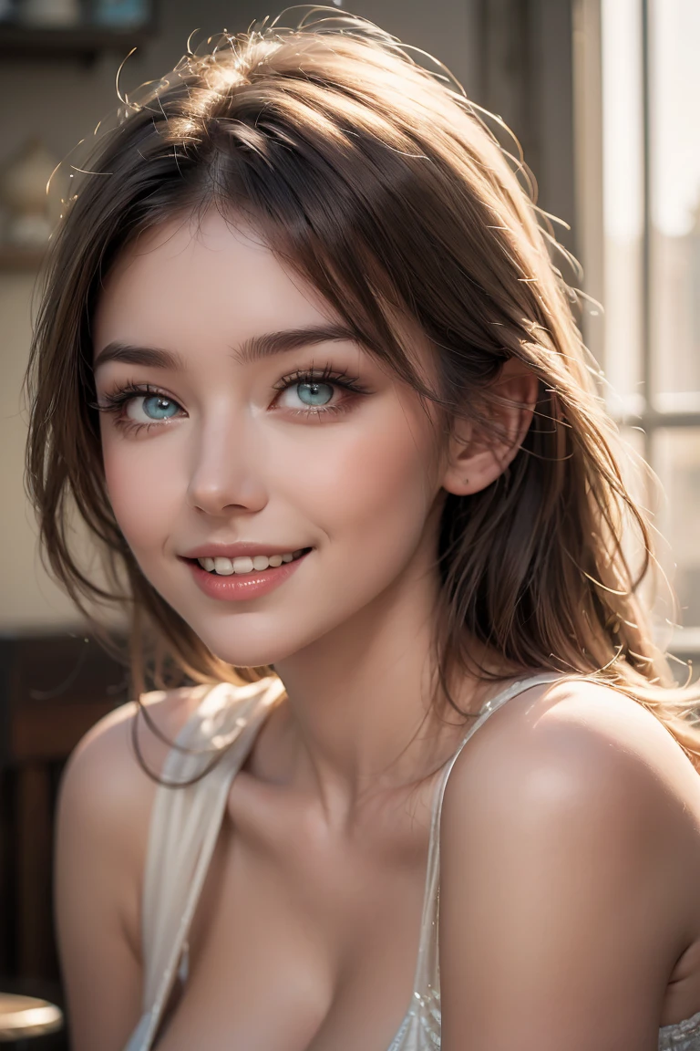 "An 18-year-old Belarusian woman with porcelain-white skin, lustrous straight black hair, captivating hazel eyes, and a harmonious facial structure featuring a high nose bridge. Her gentle smile and friendly demeanor exude warmth and approachability."