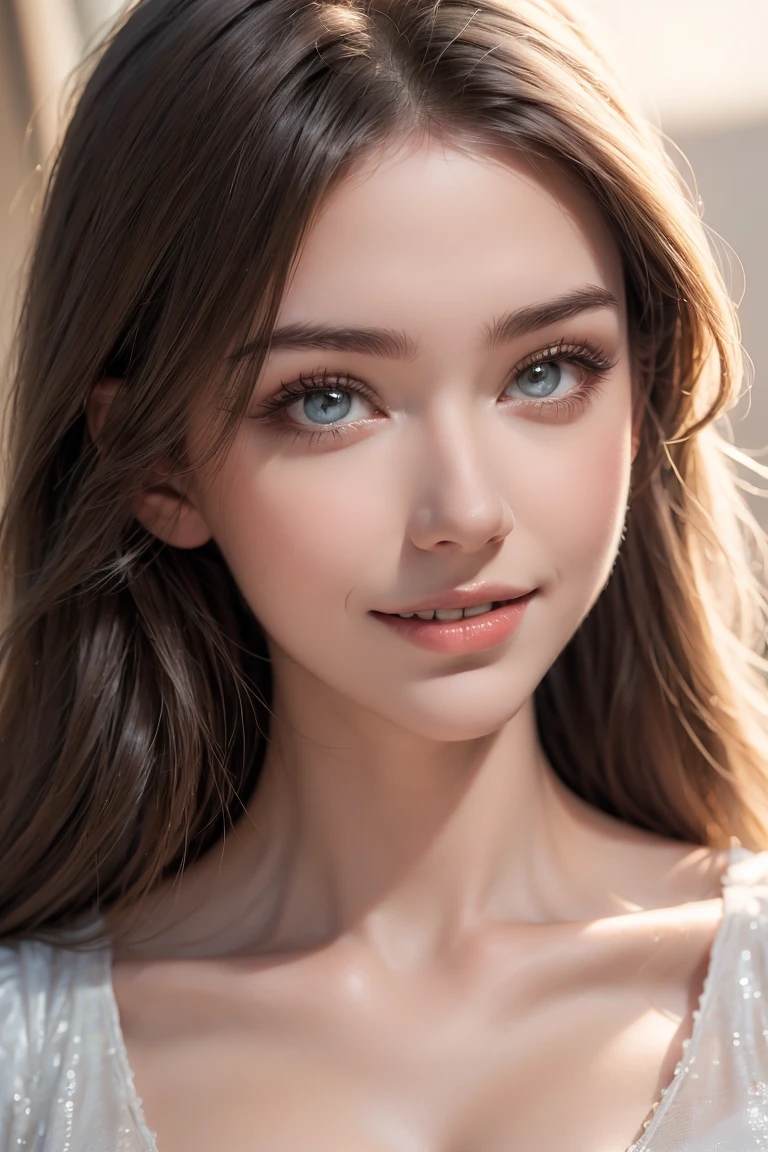 "An 18-year-old Belarusian woman with porcelain-white skin, lustrous straight black hair, captivating hazel eyes, and a harmonious facial structure featuring a high nose bridge. Her gentle smile and friendly demeanor exude warmth and approachability."