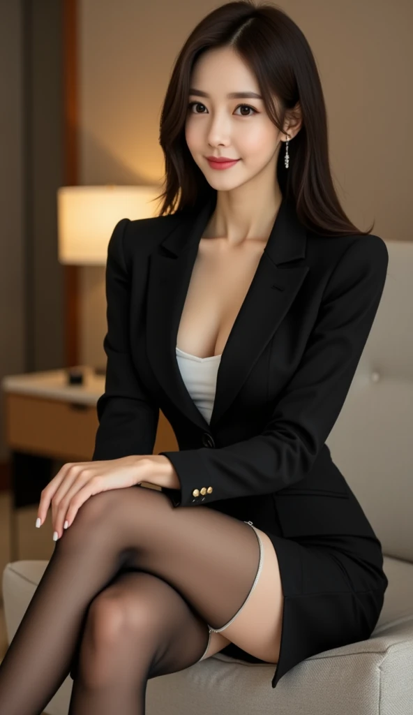 ulzzang-6500-v1.1, (RAW Photos:1.2), (Realistic), (Genuine:1.4), (masterpiece), masterpiece, Absurd, Finer details, Sharp focus、High resolution, Highly detailed face and eyes, Realistic, highest quality, Mastepiece, High resolution, There is a woman sitting cross-legged on the sofa, (Ultra-realistic pantyhose:1.3)、Beasts, Dressed in a strict suit, Various poses, 30-year-old woman, 30-year-old woman, reluvy5213, Height: 165cm, Full Leg、Bare thighs!!!