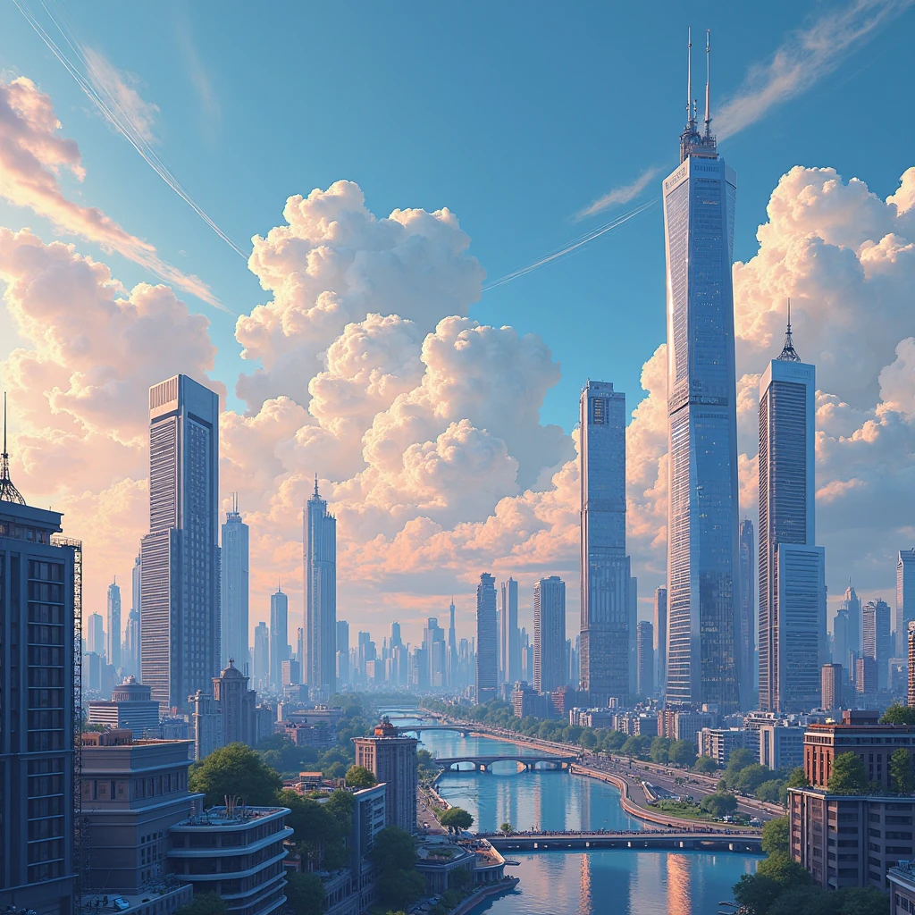  The background features a city skyline with modern building under a  sky with  clouds. 