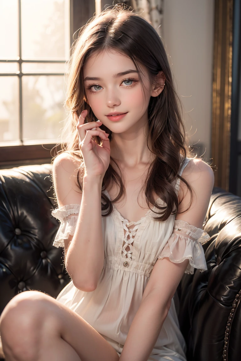 "An 18-year-old Belarusian woman with porcelain-white skin, lustrous straight black hair, captivating hazel eyes, and a harmonious facial structure featuring a high nose bridge. Her gentle smile and friendly demeanor exude warmth and approachability."