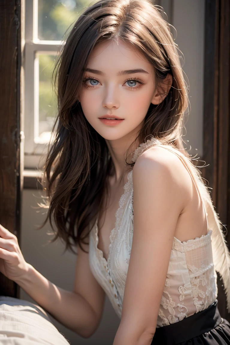 "An 18-year-old Belarusian woman with porcelain-white skin, lustrous straight black hair, captivating hazel eyes, and a harmonious facial structure featuring a high nose bridge. Her gentle smile and friendly demeanor exude warmth and approachability."