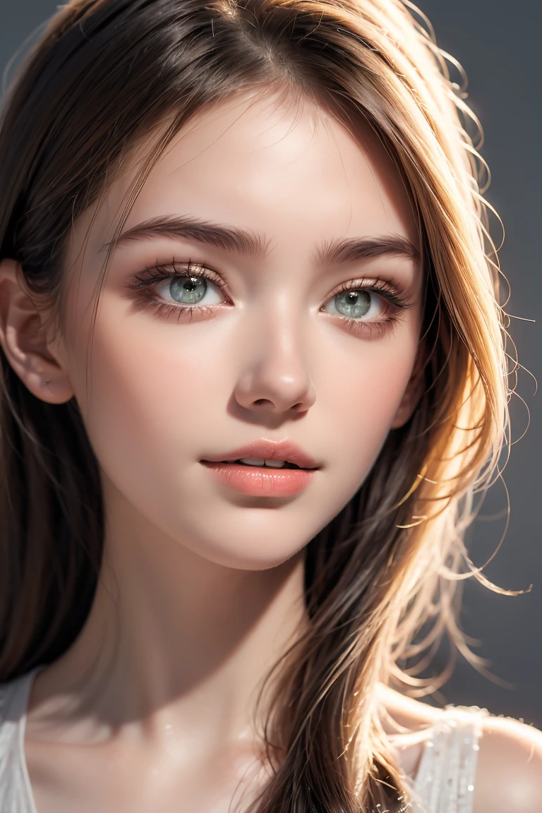 20 year old girl, perfect face, sexy face looking at camera, perfect mouth, stopped up nose, green eyes, arched eyebrows, Hair with waves, film agency, hyper detailed, realistic image, 8k
